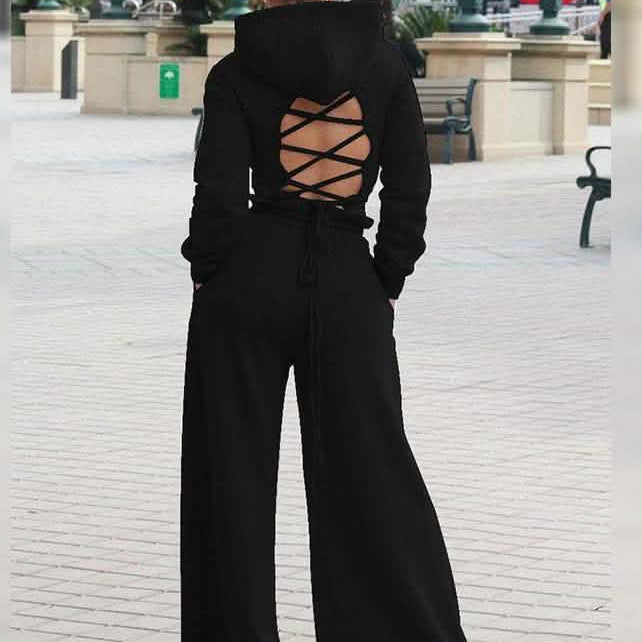 2-Piece: Drawstring Open Back Loose Trouser Legs Suit