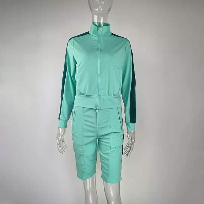 2-Piece: Lapel Neck Zipper Color Matching Long Sleeve Fleece Sport Casual Shorts