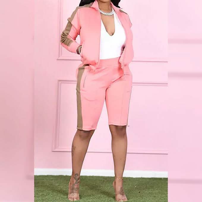 2-Piece: Lapel Neck Zipper Color Matching Long Sleeve Fleece Sport Casual Shorts