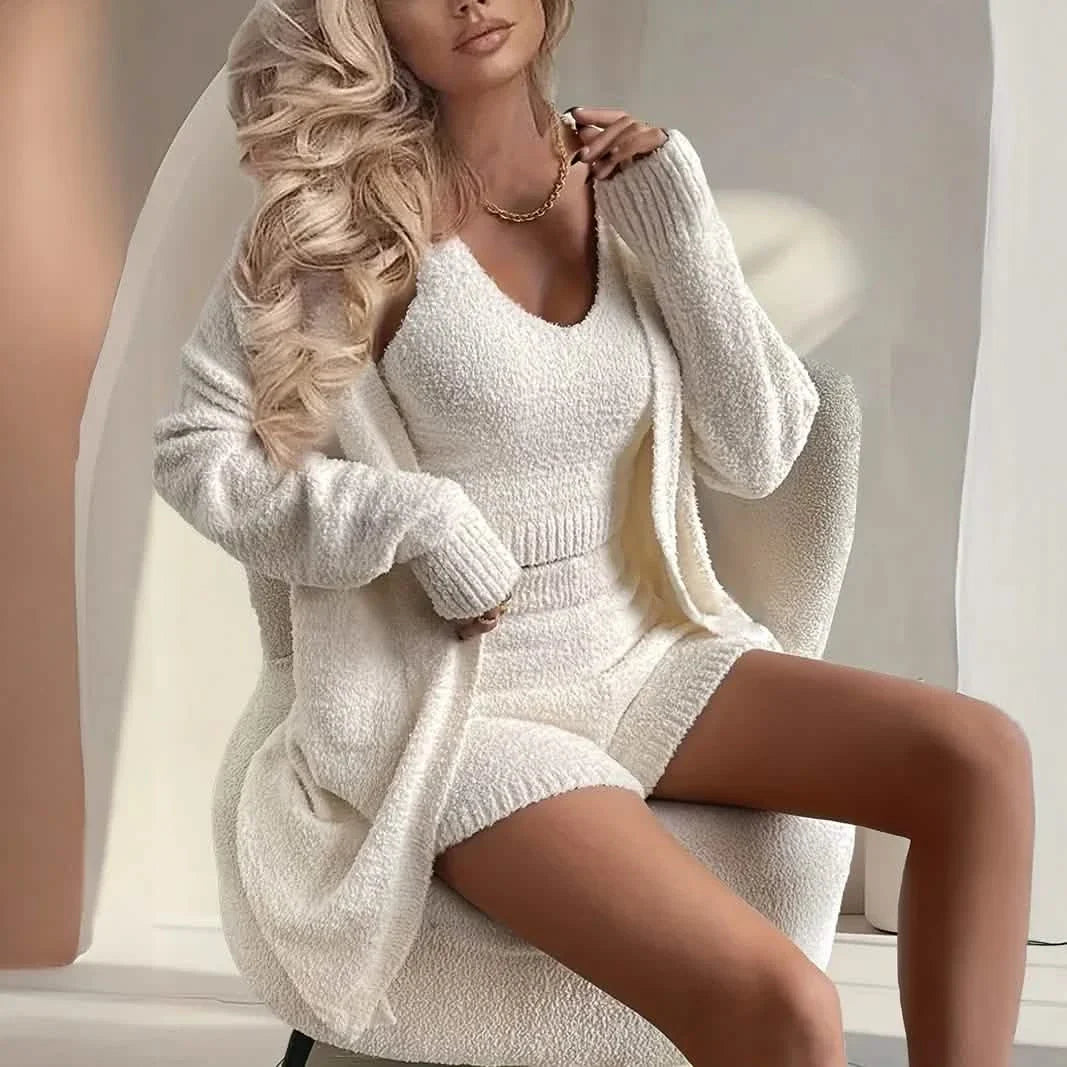 Cozy Women's Fleece Long Sleeve Cardigan Lounge Set, V Neck Tank Top and Shorts