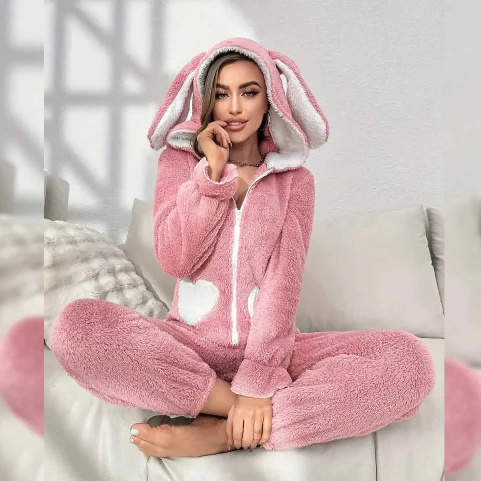 Cute Bunny Fuzzy Hooded Night Jumpsuit