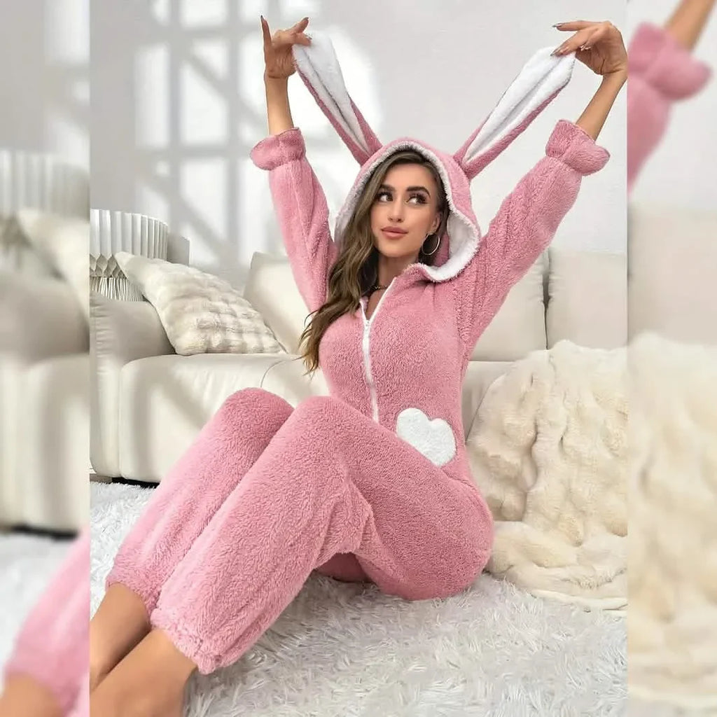 Cute Bunny Fuzzy Hooded Night Jumpsuit