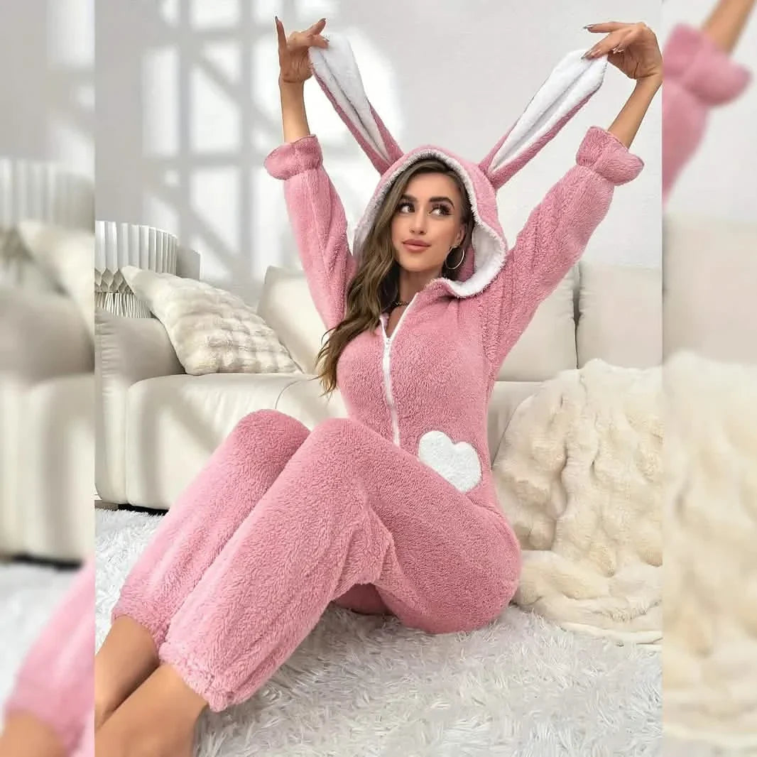 Cute Bunny Fuzzy Hooded Night Jumpsuit