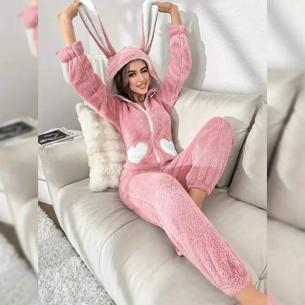 Cute Bunny Fuzzy Hooded Night Jumpsuit