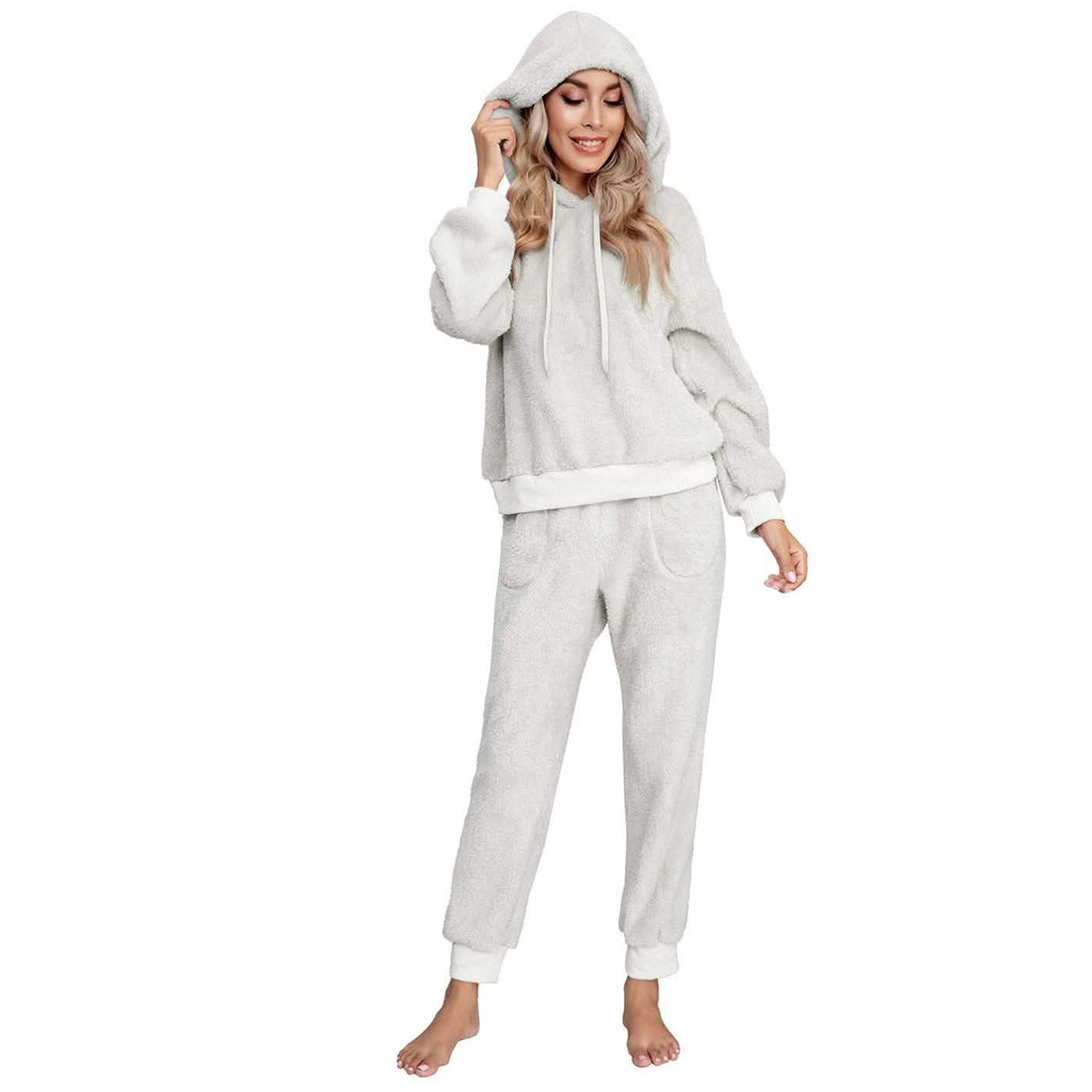 Drop Shoulder Drawstring Teddy Hoodie and Sweatpants