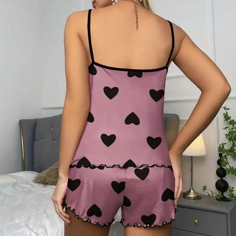 Heart Print Neck Cami Top and Lettuce Trim Shorts Set