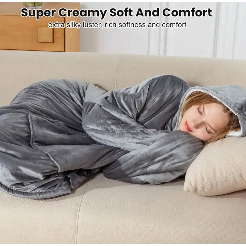 Unisex Sherpa Lined Wearable Hooded Blanket