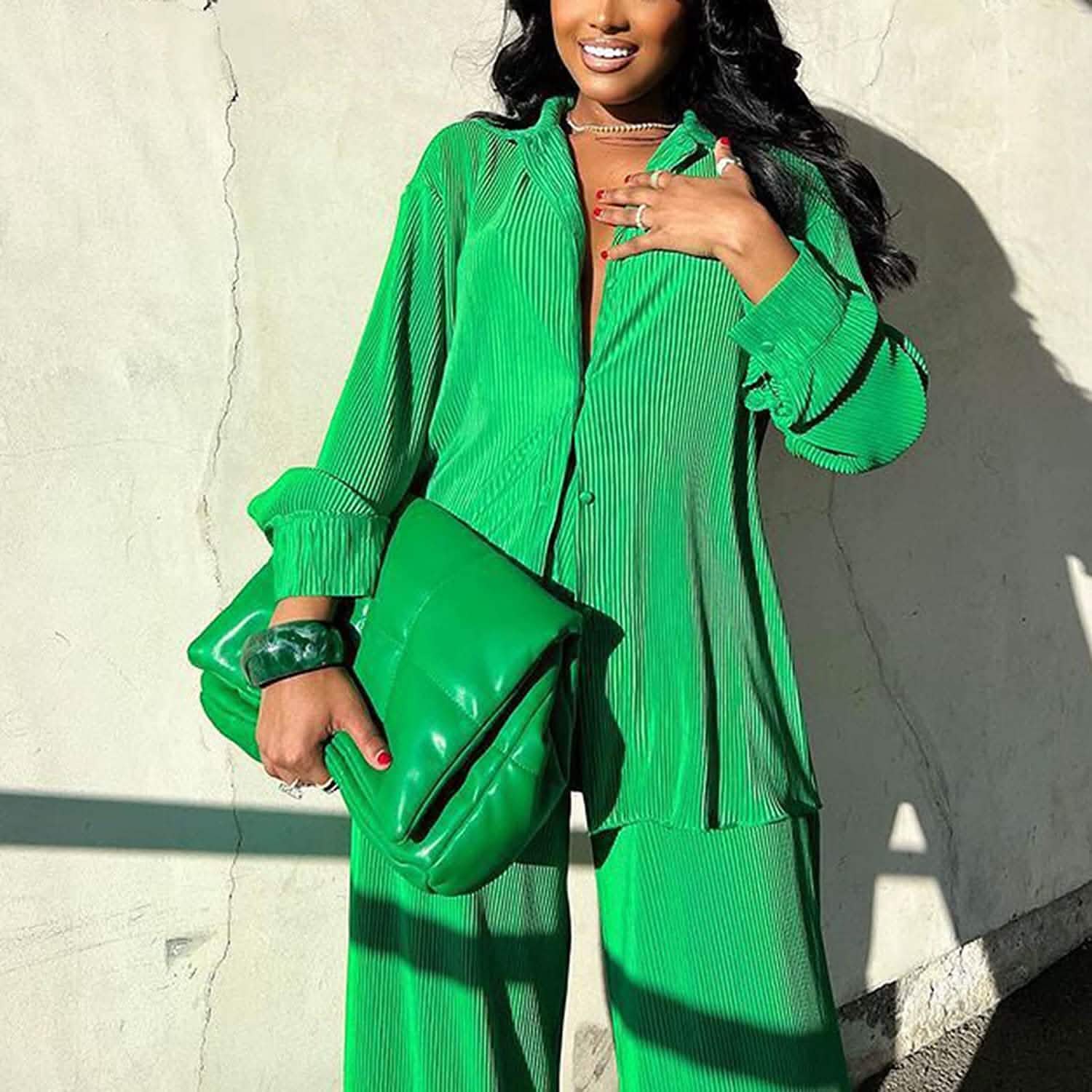 Women's Casual Long Sleeve Button Blouse Top Wide Leg Loose Streetwear Loungewear