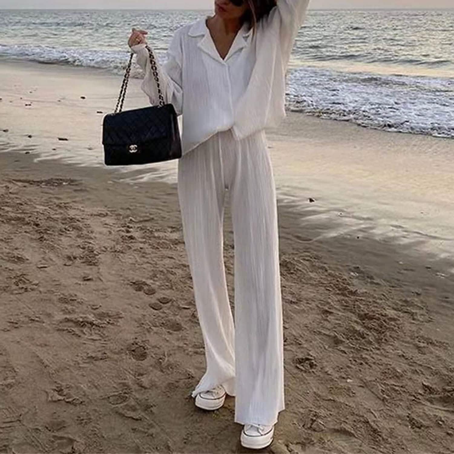 Women's Casual Long Sleeve Button Blouse Top Wide Leg Loose Streetwear Loungewear