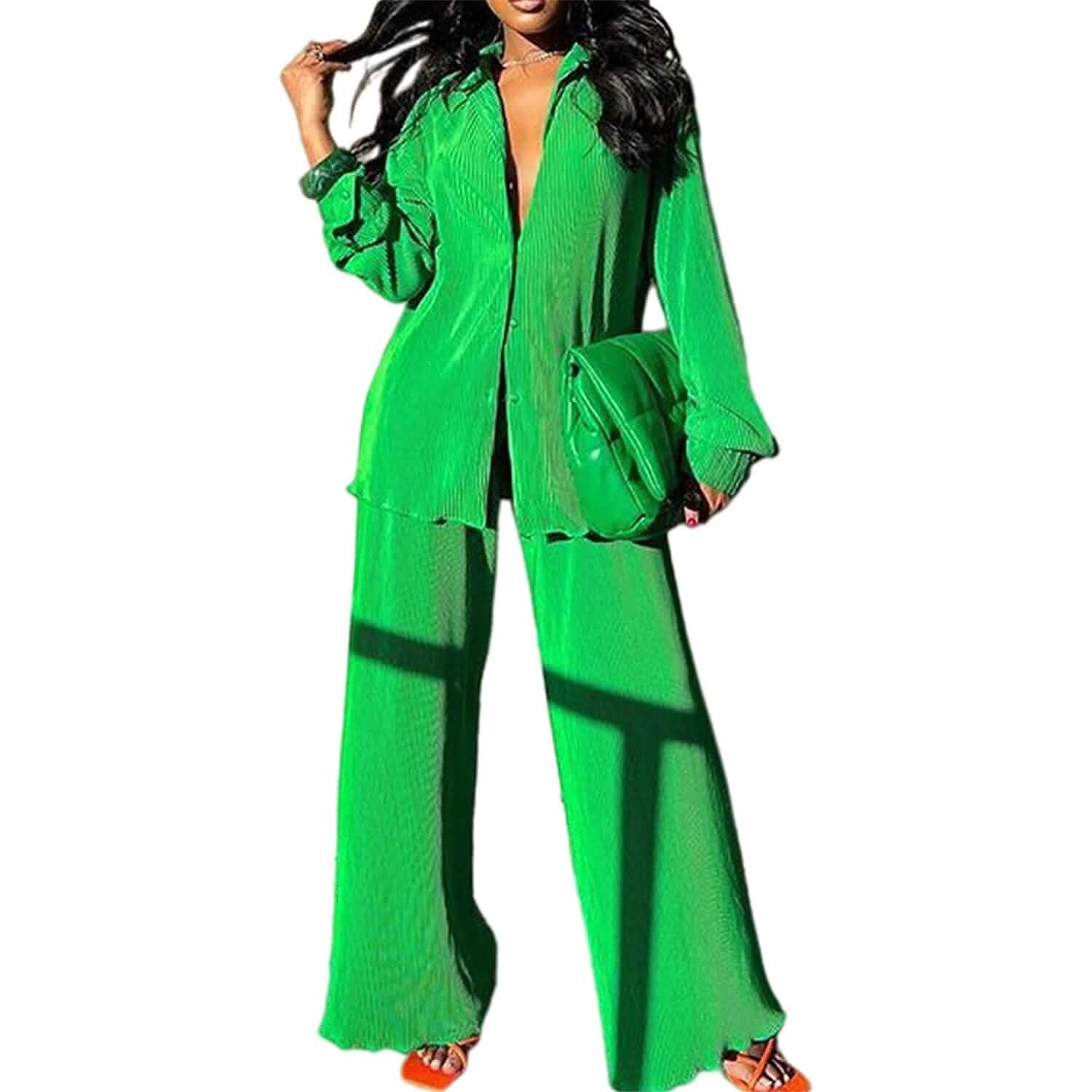 Women's Casual Long Sleeve Button Blouse Top Wide Leg Loose Streetwear Loungewear