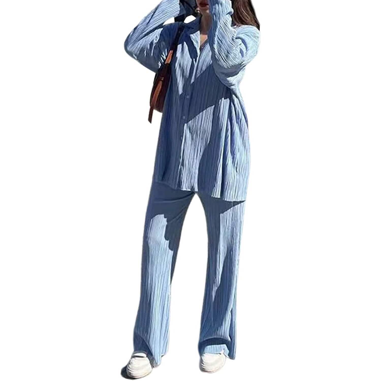 Women's Casual Long Sleeve Button Blouse Top Wide Leg Loose Streetwear Loungewear